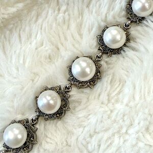 Vintage 925 Sterling Silver Pearl & Marcasite Bracelet - Art Deco Style